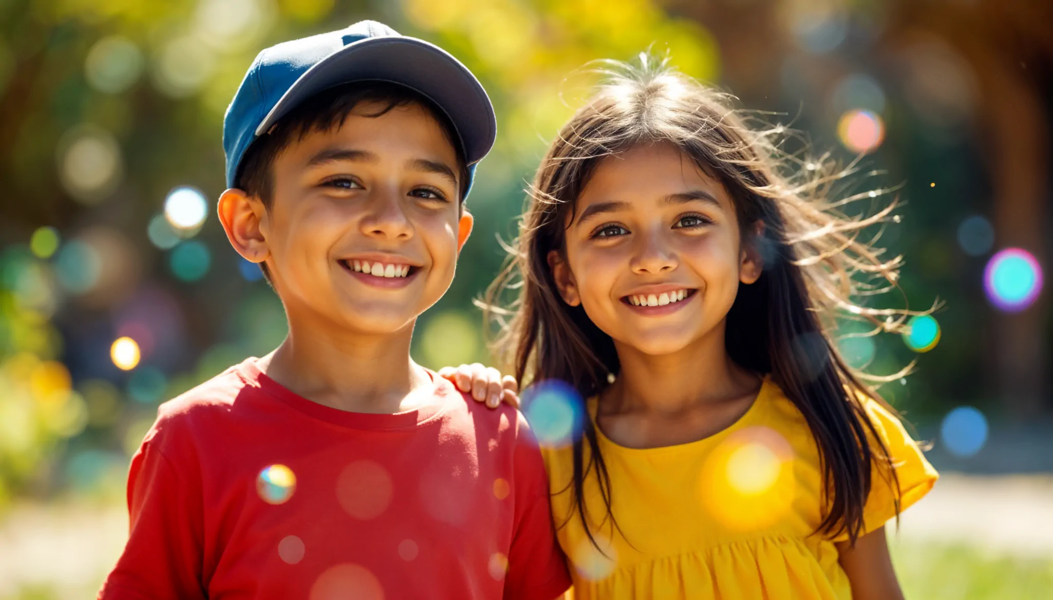 Niño y niña sonriendo, vestidos de púrpura
