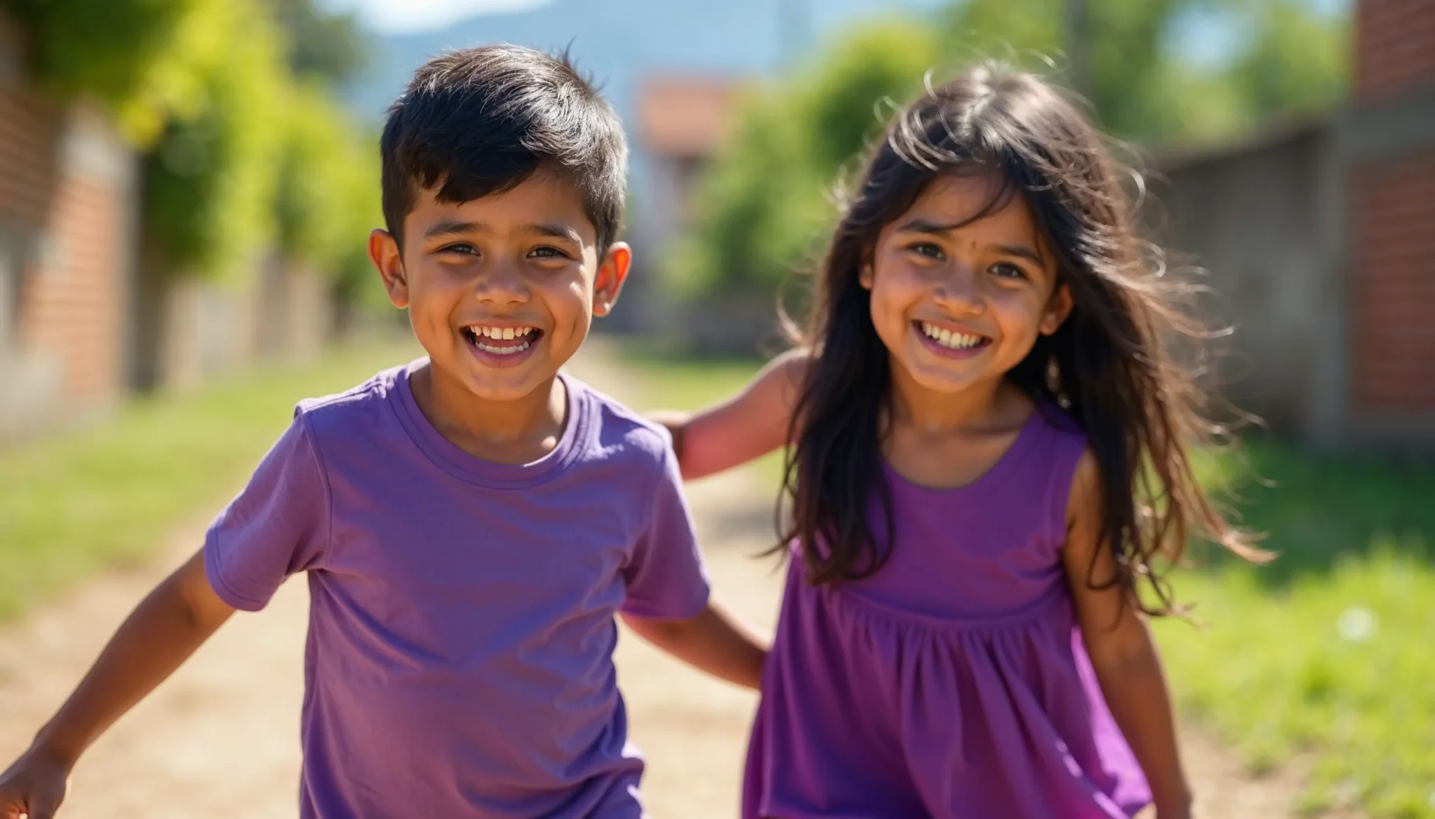 Niño y niña salvadoreños sonriendo con camisetas moradas
