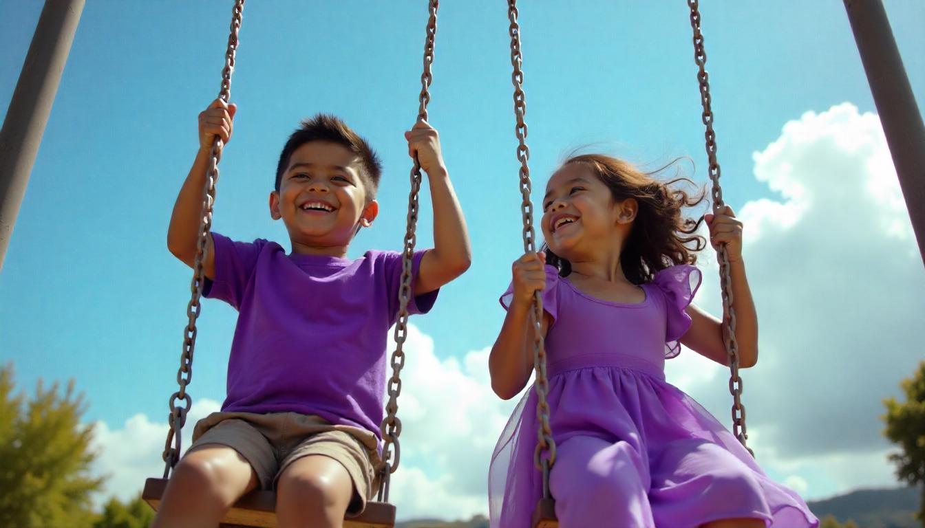 Niño y niña jugando en columpios