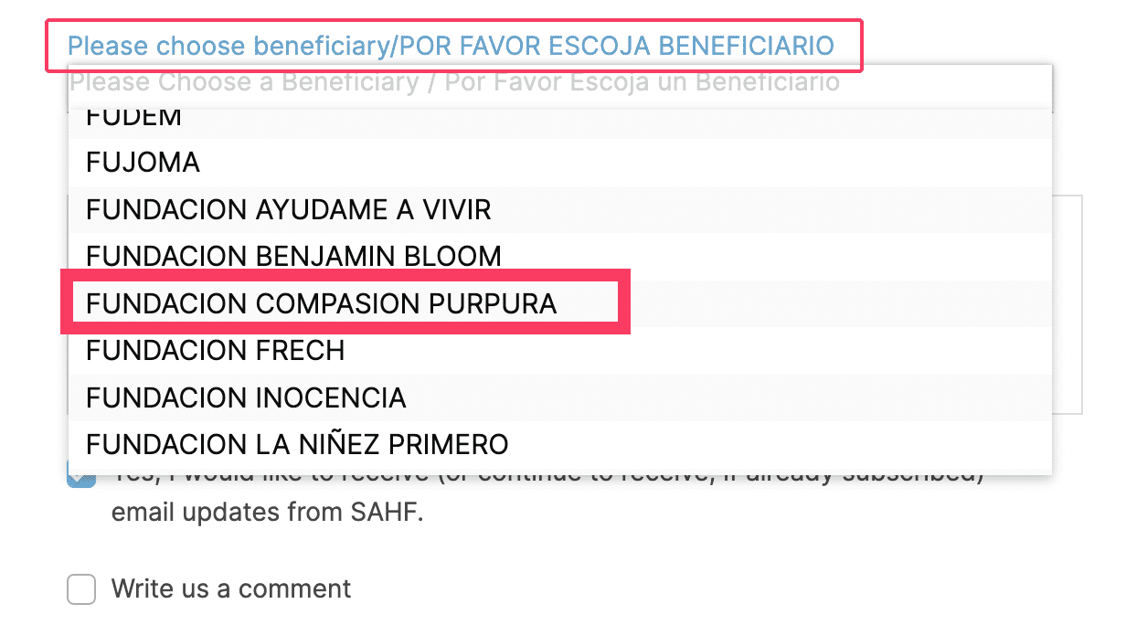 Menú desplegable de beneficiarios de SAHF con Fundación Compasión Púrpura seleccionada