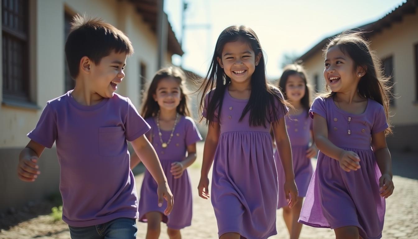 Niños y niñas sonriendo con ropa morada
